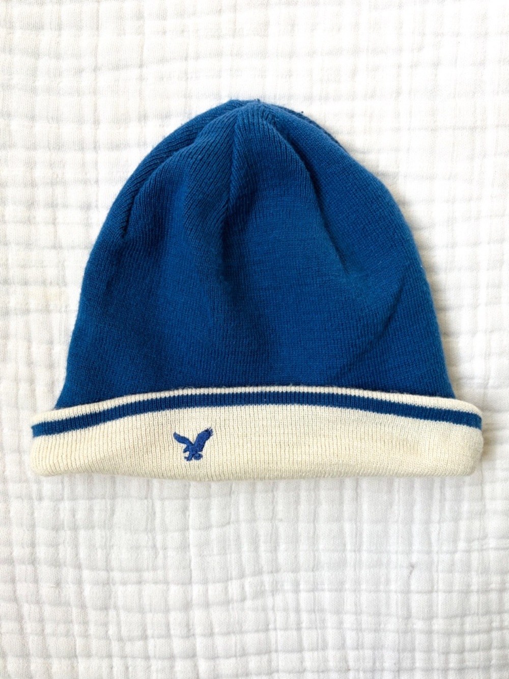 American Eagle Y2K Reversible Beanie Blue Cream Knit Hat Logo